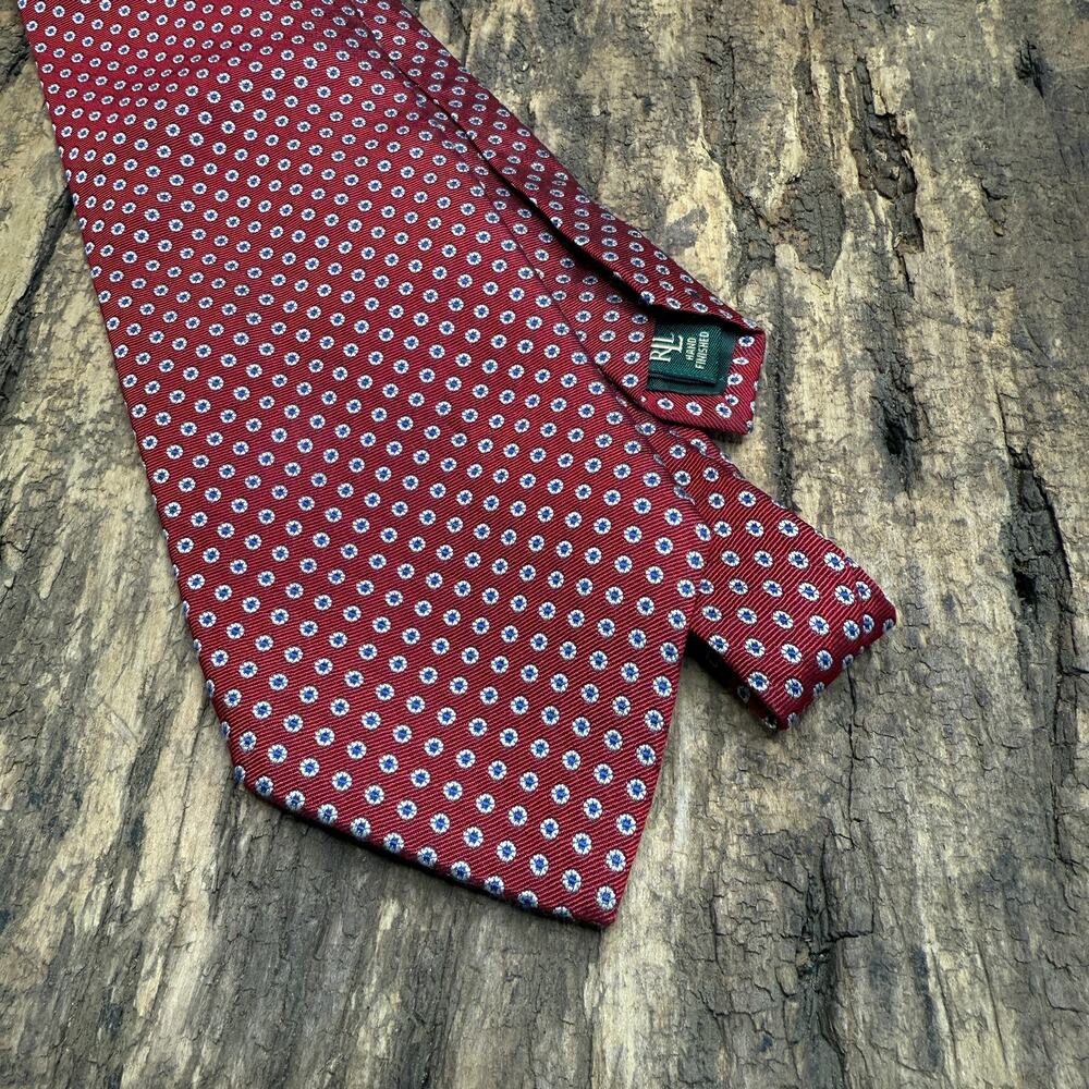 Ralph Lauren Hand Finished Silk Necktie Red White Polka Dot Designer Tie